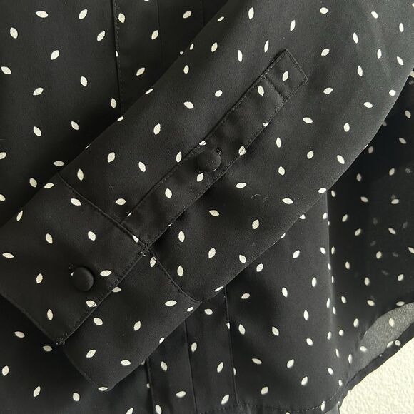 Express Black Semi Sheer Blouse Polka Dot White Leaves Size XXS Career Classic - Picture 7 of 16